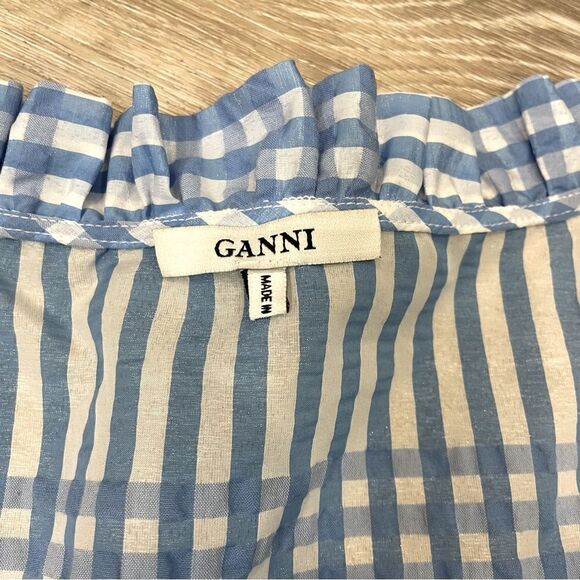 GANNI Blue Plaid Charron Top Crop Longs sleeves blouse Deawstring Front - Picture 4 of 9